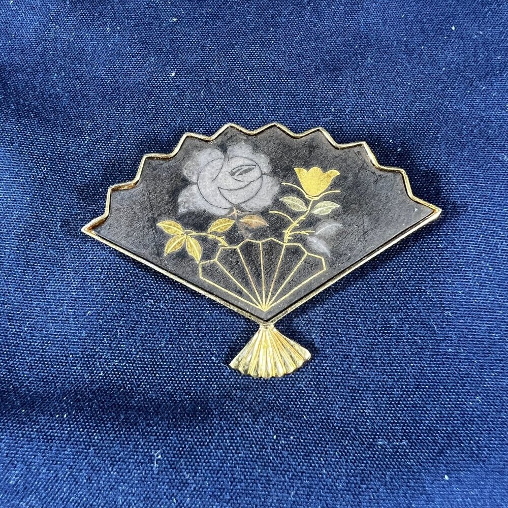 Vintage Gold-Tone Fan Brooch With Floral Design By Brita